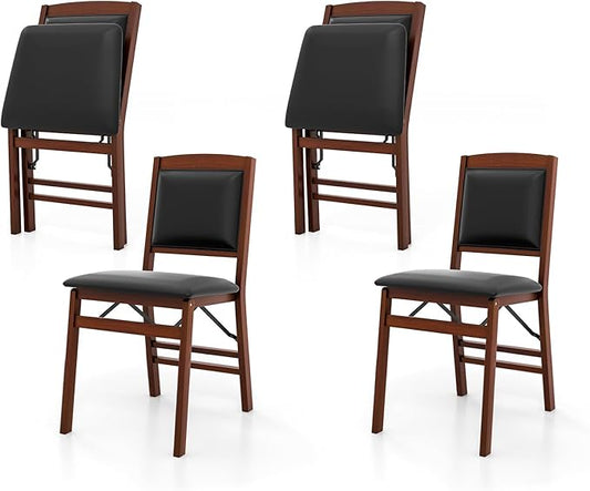 Folding Chairs Set 4, Wooden Foldable No Assembly Chair-Set with Padded Seats, Solid Wood Frame, 400 lbs Weight Capacity, Space Saving Dining Chairs for Small Space, Guests Kitchen (4, Padded Back)