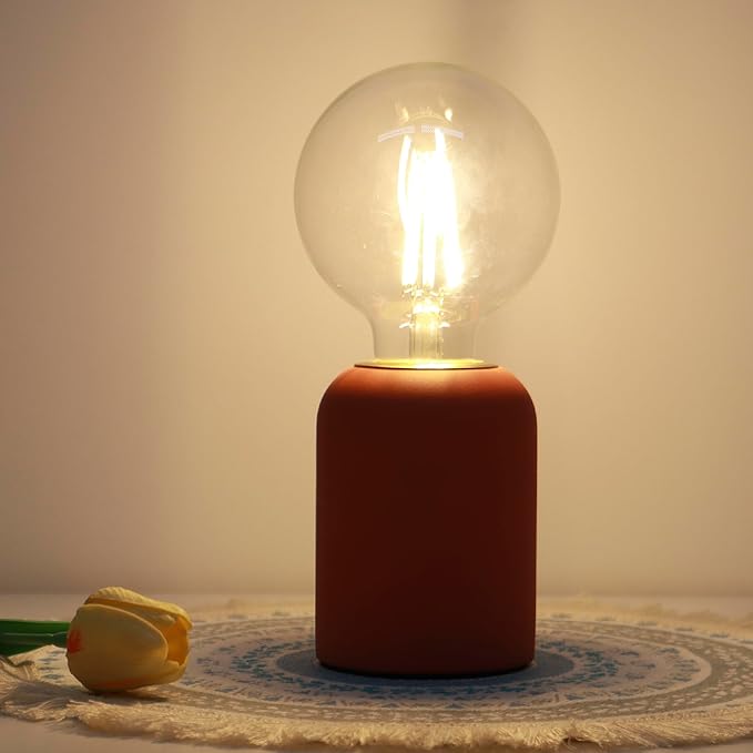 Mini Modern Orange Red Concrete Bedside Table Lamp, 3.5 x 3.5 x 8.5 Inch Nightstand Lamps, with Spherical Bulb Round Side Table Lamp for Bedroom Living Room Entryway Table Lamps