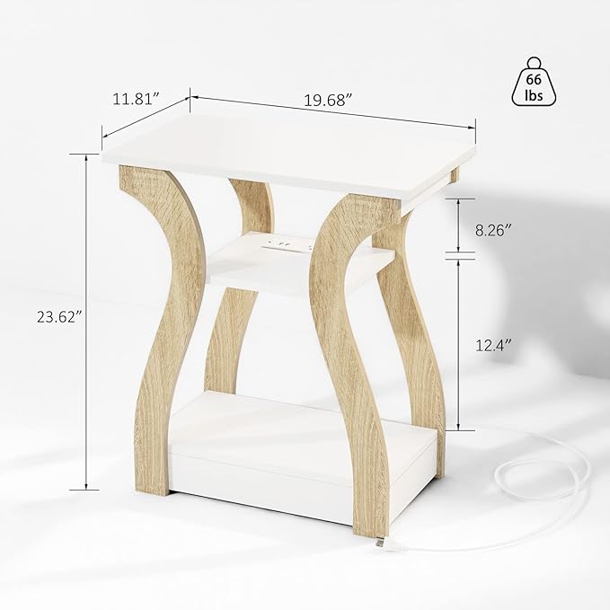 End Table with Charging Station, Side Table with USB Ports and Outlets, 3 Tier Nightstand Sofa Table for Small Spaces, Beside Table with Storage Shelf for Living Room, Bedroom