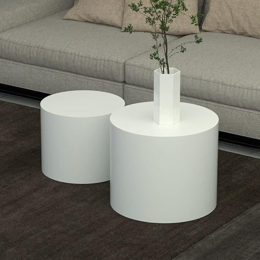 Kevinplus White Coffee Table Small Nesting Side Table Set of 2 for Living Room, Modern-Industrial Round