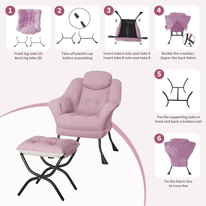 Living Room Chair Modern Accent Chair with Ottoman, Ergonomic Support, Foldable Footrest, Removable Washable Cover, Perfect for Bedroom and Living Room, Pink