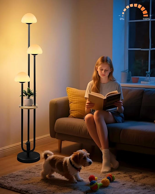 Lightdot Black Dimmable Floor Lamp with Table, Modern Floor Lamps for Living Room, 3000K Warm Lights Tall Standing Lamp with Mushroom Shades & Bulbs for Bedroom/Office