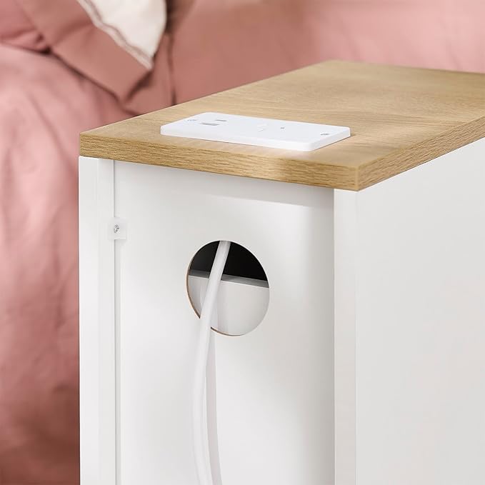 SoBuy Narrow Nightstand Set of 2 with Charging Station, Slim White Bedside Tables with USB & Type-C Ports, Drawer and Shelf, Modern Side Tables for Bedroom, Living Room or Dorm, FBT111-E-WNx2