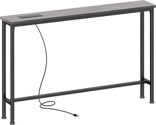 SUPERJARE 5.7 Inch Console Table with Outlet, Sofa Table, Behind Couch Table, 5.7 x 39.4 x 29.7 Inches, Metal Frame, Charging Station, Charcoal Grey
