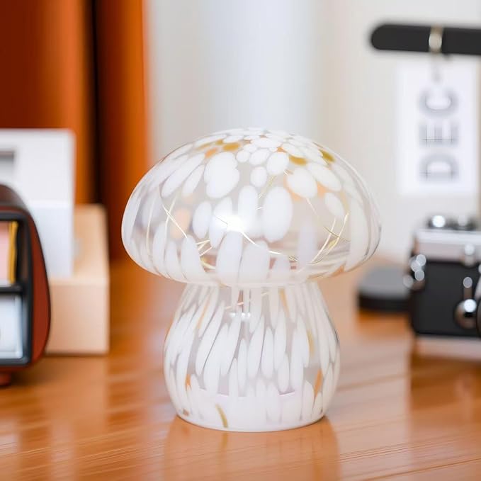 Small Glass Mushroom Table Lamp Night Light Bedside Desk Lamp for Bedroom Nightstand Light-White