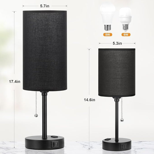 Dicoool 17Inch Tall Bedroom Lamps with USB C and A Ports 3 Color Temperatures - Pull Chain Black Nightstand Bedside Table Lamp with AC Outlet, Side Lamp for Living Room End Table
