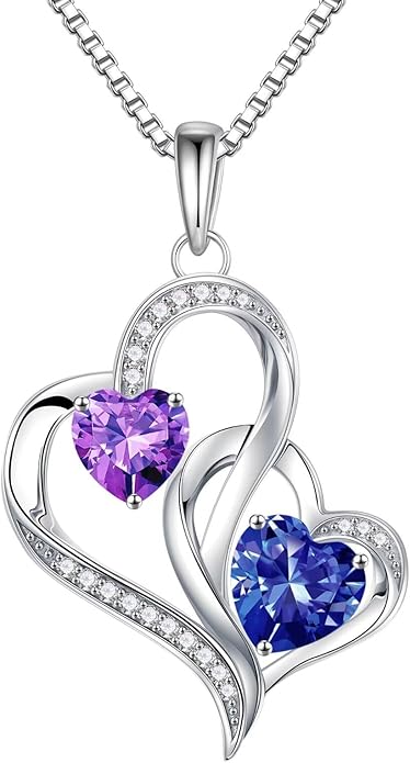 Iefil Christmas Gifts for Women - Double Heart Birthstone Necklace, 925 Sterling Silver Heart Pendant Necklace, Anniversary Birthday Gifts for Women | Personalized Jewelry Gift for Wife Mom Girlfriend
