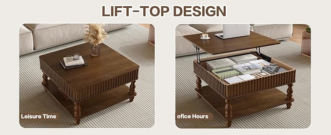 31.5" Lift Top Fluted Coffee Table with Hidden & Open Storage, Modern Square Wooden Center Table Cocktail Tea Table with Curved Safety Corners and Adjustable Height for Living Room, Walnut