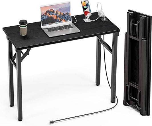TEMI Small Computer Desk Folding Table - No Assembly, Compact 35.8" Foldable Desk with Power Outlets & USB Charging Port, Portable Small Office Desk, Ideal Mini Study Table, Dark Oak