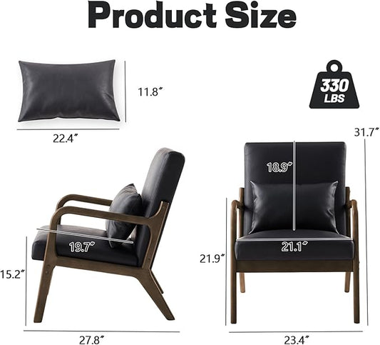 Accent Chair Mid Century Modern Armchair with Lumbar Support Pillow Wood Legs PU Leather Upholstered Lounge Chairs Comfy High Back Cushion for Living Room Bedroom