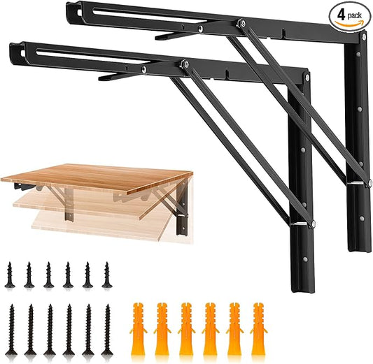 JOY DECOR 22 Inch Heavy Duty Folding Shelf Brackets, 4 Pack (2 Pairs) Collapsible Wall Mounted Brackets for Fold Down Table, Stainless Steel Folding Table Hinge, Matte Black