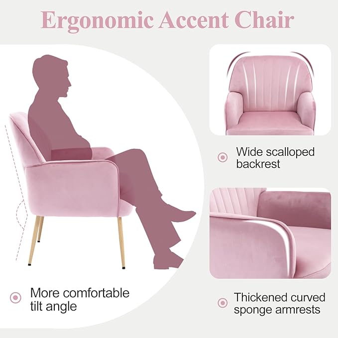 Velvet Accent Chair, Modern Upholstered Single Sofa Side Living Room Chair, Comfy Barrel Reading Armchair with Metal Legs for Bedroom, Waiting Room, Office and Cafe, Pink