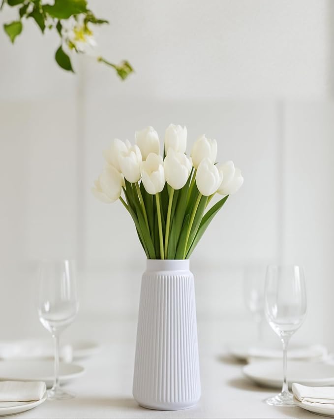 White Ribbed Ceramic Vase – Modern Elegant Flower Vase for Pampas Grass, Fresh or Dried Flowers, Minimalist Farmhouse Home Decor for Living Room, Dining Table, Wedding Centerpiece