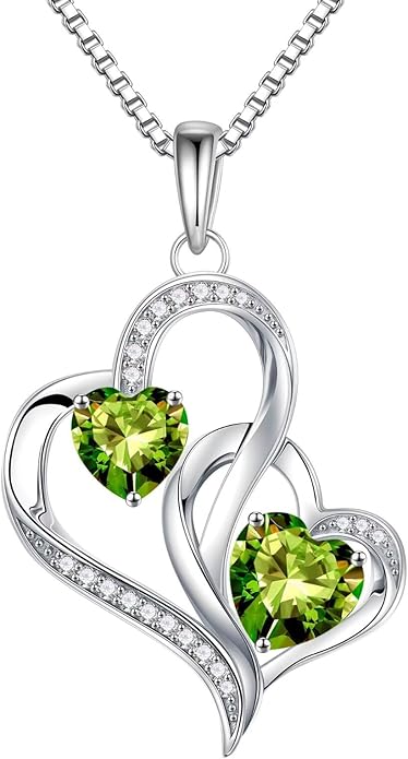 Iefil Christmas Gifts for Women - Double Heart Birthstone Necklace, 925 Sterling Silver Heart Pendant Necklace, Anniversary Birthday Gifts for Women | Personalized Jewelry Gift for Wife Mom Girlfriend
