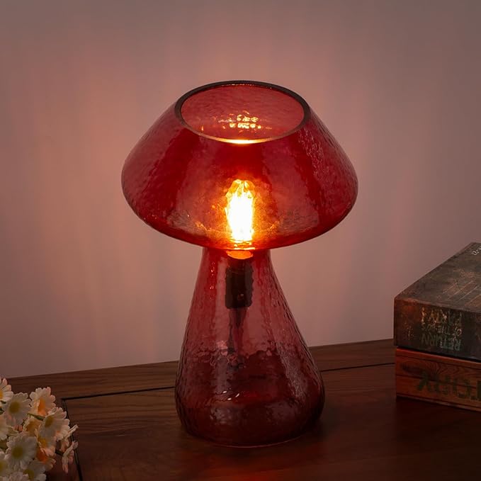 Dimmable Mushroom lamp,red Glass Mushroom Bedside Table Lamp,Village Style Small Nightstand Desklamp for Home Decor, Dining, Living, Bedroom, Gift（LED Bulbs Included）
