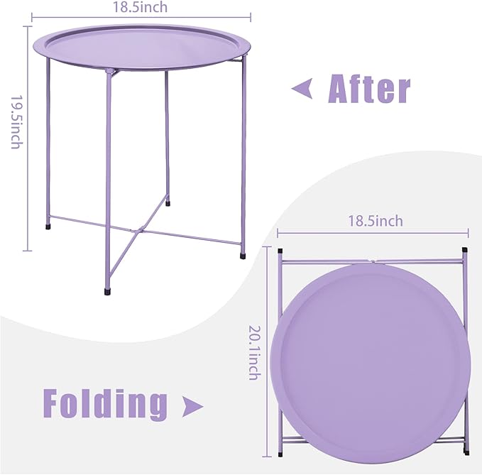 VILAWLENCE Metal End Table Side Table Round Folding Tray, Sofa Small Accent Fold-able Side Table Tray,Outdoor Side Sofa Table, Snack Table for Living Room and Bed Room 18.5 in (Purple)