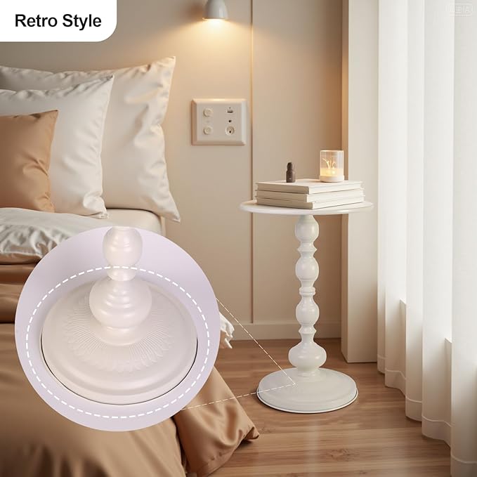Metal Small Round End Table,Vintage Bedside Drink Table Nightstand for Small Spaces,Modern Accent Pedestal Tables Coffee Tables for Living Room, Bedroom, Corners, Patio,White