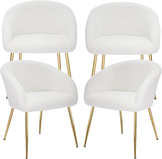 Modern Small Accent Chair Set of 4, Comfy Sherpa Makeup Vanity Chair with Golden Metal Legs, Decorative Dining Chair no Wheels for Living Room, Dressing Room, Bedroom, White