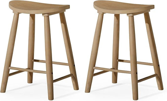 Maven Lane Luna Counter Stool Set of 2 – 26 Inch Round Stools with Footrest – Natural Solid Wood – Space-Saving Design for Kitchen Counters & Islands, Ideal for Apartments, Dorms & Compact Living