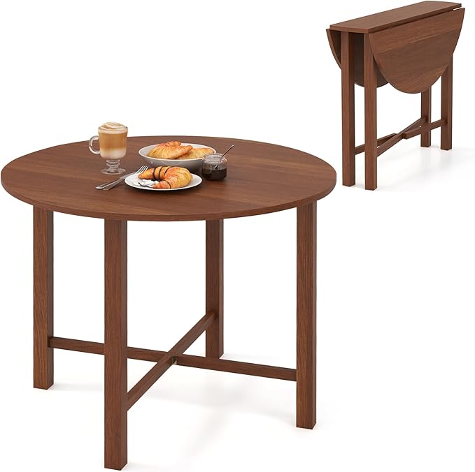 Tangkula 36" Foldable Round Dining Table, Kitchen Table w/Solid Rubber Wood Legs, Dual Drop Leaf Design, Farmhouse Circle Diner Table for 2-4 People, Dining Room, Living Room, Restaurant (Round)