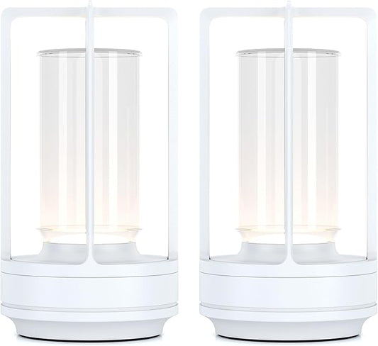 Portable Metal Table Lamp for Indoor/Outdoor ,Rechargeable Cordless LED Lamp, 3-Colour Infinitely Dimming Battery Powered Small Desk Lamp, Restaurant/Bedroom/Bar/Coffee/Camping Light (White Set of 2)