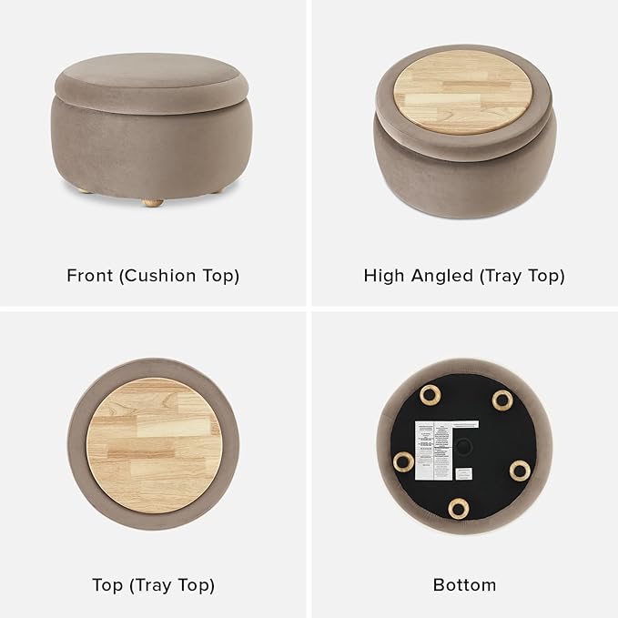 mopio Luna Round Ottoman with Storage and Tray, Round Coffee Table with Storage, Upholstered Foot Stools Ottoman for Living Room, Bedroom, with Solid Rubberwood Legs (Mocha Brown Premium Velvet)