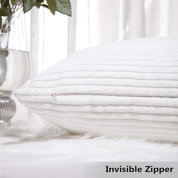 Home Brilliant 16x16 Throw Pillow Covers for Couch Striped Velvet Decorative Pillowcases for Chair Sofa Bench Toddler, 40x40 cm, Set of 2, Pure White