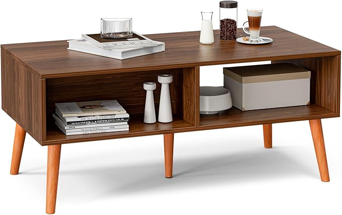 Coffee Table with Storage, Boho Dining Table with Rattan Drawer and Solid Wood Legs, Small Coffee Tables for Living Room, Walnut