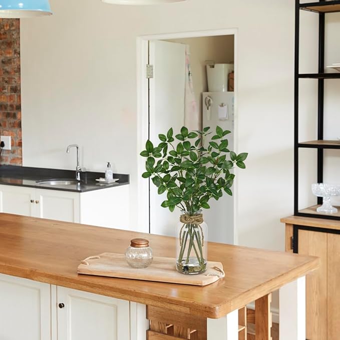 DILATATA Artificial Ficus Stems in Glass Vase with Faux Water and Real Stones 15" Fake Greenery Plant Ficus Leaves for Home Office Farmhouse Bathroom Bedroom Kitchen Table Centerpiece Decor