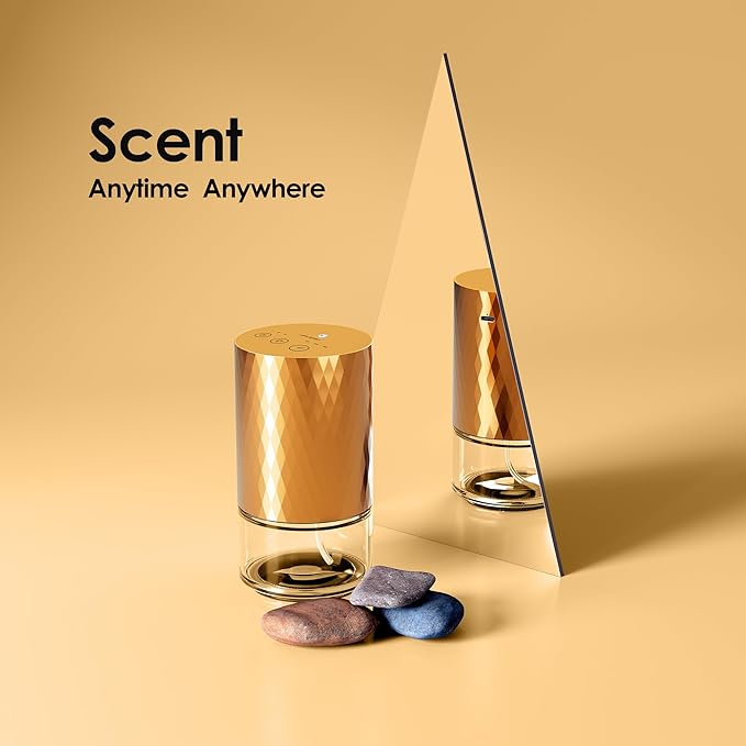 Airversa Waterless Diffuser Essential Oil 100ml Capacity Scent Air Machine for Home Aromatherapy Premium Metal Nebulizer Battery Operated 3 Mist Settings Timers Color Light AN5(Gold)