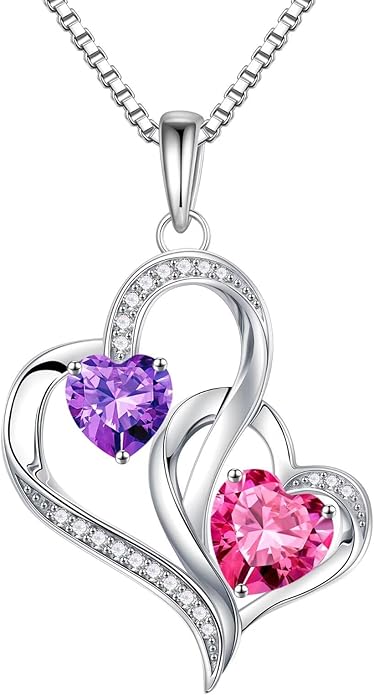 Iefil Christmas Gifts for Women - Double Heart Birthstone Necklace, 925 Sterling Silver Heart Pendant Necklace, Anniversary Birthday Gifts for Women | Personalized Jewelry Gift for Wife Mom Girlfriend