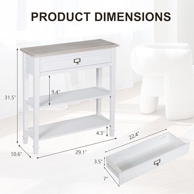 kinbor Accent White Console Table with Drawer and Shelf, Wood Sofa Table with Storage for Entryway Hallway Living Room
