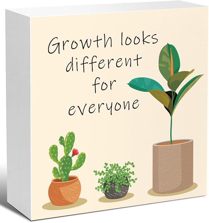 LVQHI Inspirational Wood Block Sign,Growth Looks Different for Everyone Plant Motivational Wooden Block Sign for Home Bedroom Office Desk Table Decor,Inspirational Cheer Up Gift Red