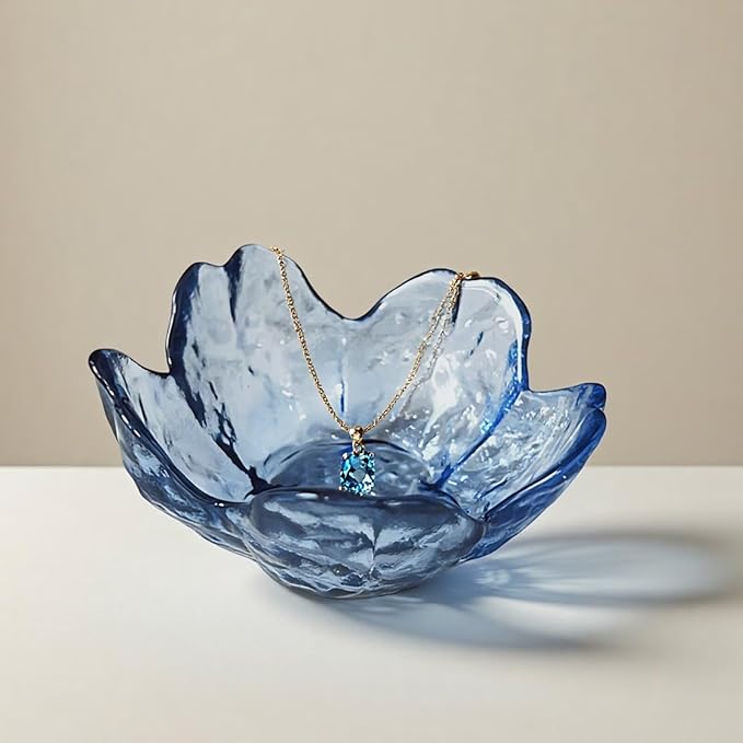 Blue Crystal Flower Jewelry Ring Dish, Clear Trinket Bowl, Cute Nightstand Decor Ring Holder for Women, Home Decor Gifts for Women, Wedding, Birthday, Mother's Day
