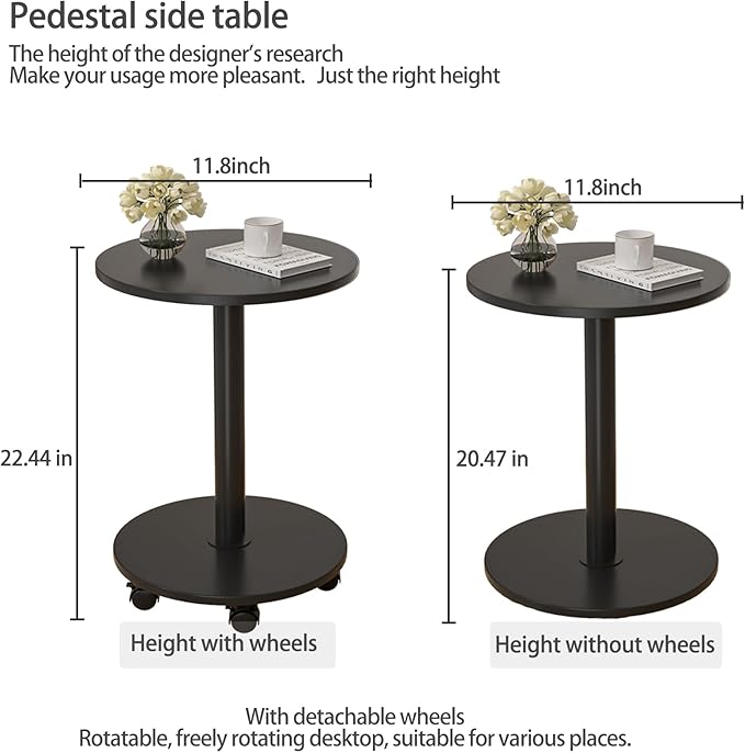 Pedestal Table on Wheels TV Tray Table, Rotating Couch Round Tables, Small Side Table for Living Room and Bedroom Sofas, Beds, Mini Coffee Tables, (H) 22.4 *(W) 11.8 (Assembly Required)