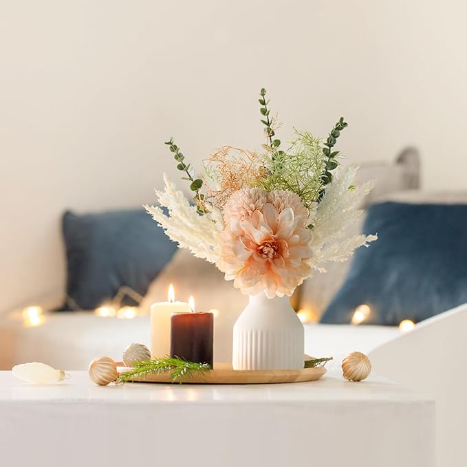 Mkono Small Artificial Flowers in Ceramic Vase 13.5" Centerpieces Coffee Table Decor, Silk Flower Arrangements for Home Decor Indoor Fake Flower Bouquet for Bathroom Dining Room Kitchen Champagne