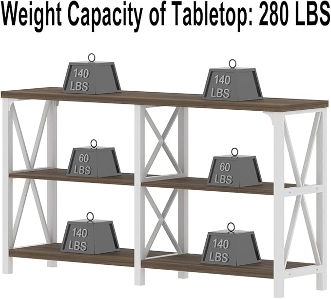 IBF Farmhouse Entryway Table, Wood TV Console Table, Long Rustic Metal Sofa Table, Industrial Hallway Table with Storage Shelves, Modern Foyer Tables for Front Entry Way, White and Rustic Oak, 55 in