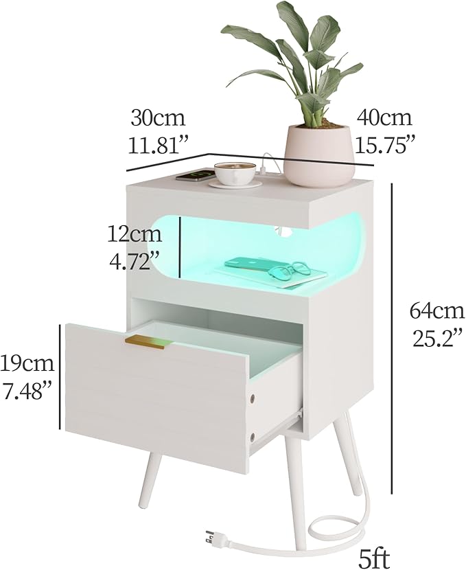 White Nightstand with Charging Station and LED Lights,Modern Bedside Table with Storage Drawer,Night Stand with Solid Wood Legs,White (White-1)