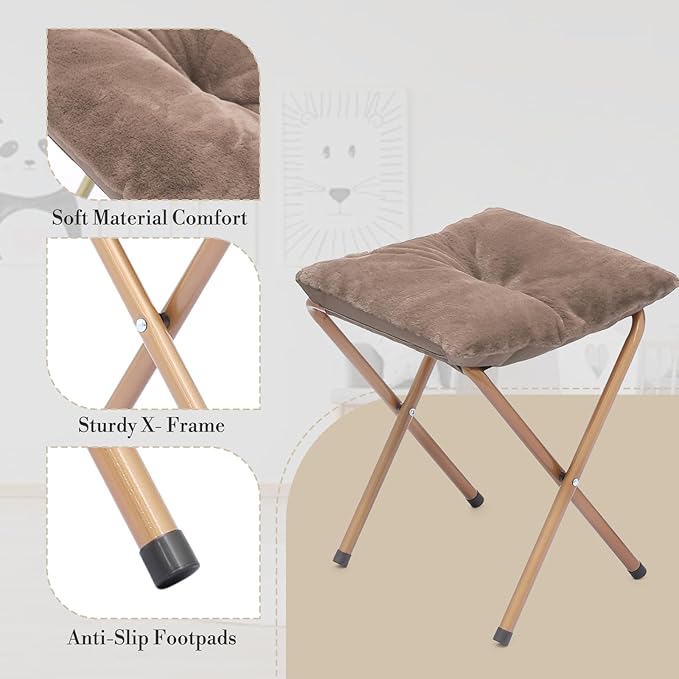 Athena Collection Saucer Chair with Ottoman Comfy Chair for Bed Room Living Room Folding Round Cozy Chair Faux Fur Metal Frame Foldable Lazy Chair Accent Chair Reading Chair Set of 2, Brown