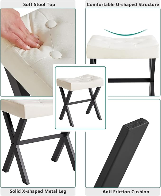 IBUYKE U-Shaped PU Vanity Stool, Square Makeup Chair with X-Leg, Ottoman Seat Footrest Stool, Multi-Use as Small Side Table, for Bedroom, Living Room, White WBD019W