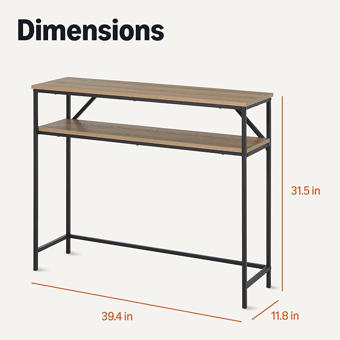Amazon Basics Rectangular Console Table with Storage Shelf, Steel Frame, 11.8" D x 39.4" W x 31.5" H(in), Oak Finish