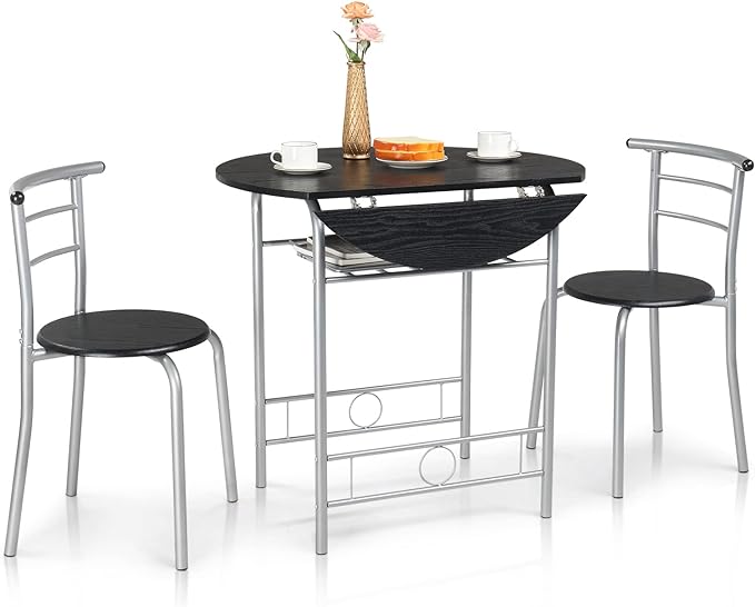 VINGLI 31.5" Drop Leaf Dining Table Set 3 Pieces for Small Space,Small Kitchen Table Set for 2,Round Folding Dining Table with 2 Chairs for Home,Kitchen,Apartment,Silver&Black