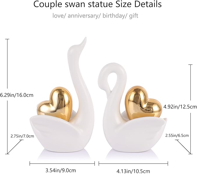 Loving Swan Figurine with Gold Heart Statue, Ceramic Animal Regalos Para Parejas, Cute Figurines Pottery Gifts for Anniversary, Couple Swan Sculpture for Women Dresser Knick Knacks Shelves Show Pieces