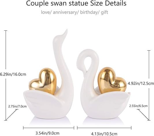 Loving Swan Figurine with Gold Heart Statue, Ceramic Animal Regalos Para Parejas, Cute Figurines Pottery Gifts for Anniversary, Couple Swan Sculpture for Women Dresser Knick Knacks Shelves Show Pieces