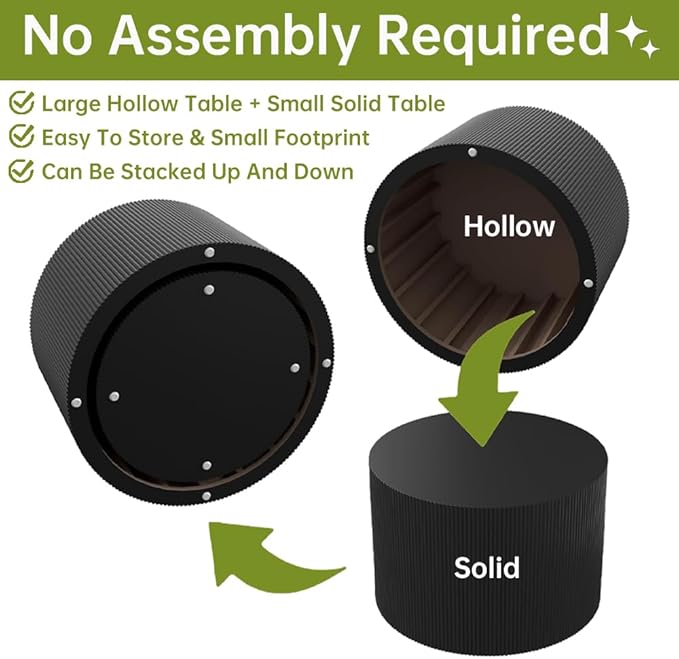 Round Nesting Coffee Table Set of 2 Small Round Coffee Tables for Living Room Modern Fluted Coffee Table Circular End Table Side Table for Small Spaces No Assembly (Black A, 27 in)