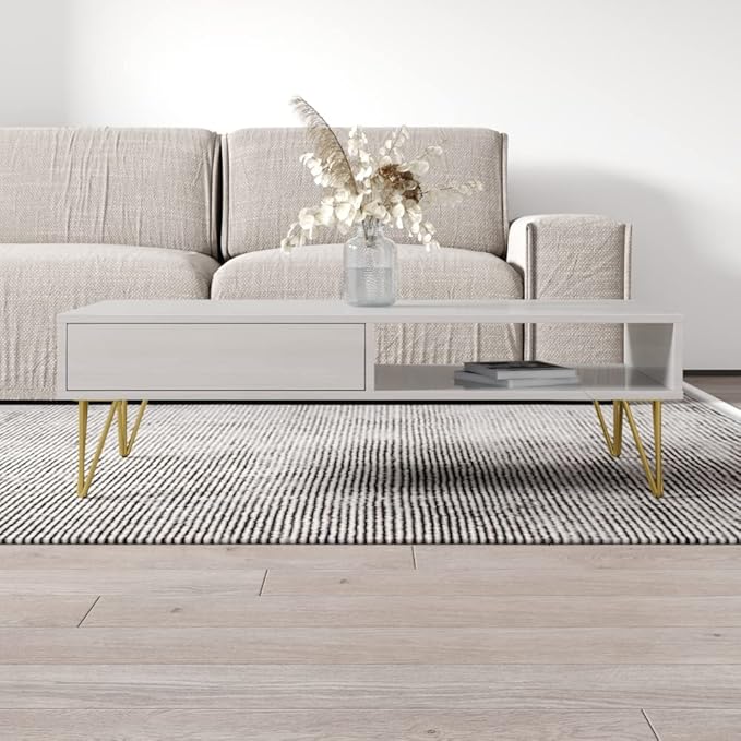 Meble Furniture Repo 51" Coffee Table with Lower Shelf & Drawer - Modern Rectangular Dining Table for Living Room - Durable & Lightweight Wooden Coffee Table with High Gloss Front Finish - White