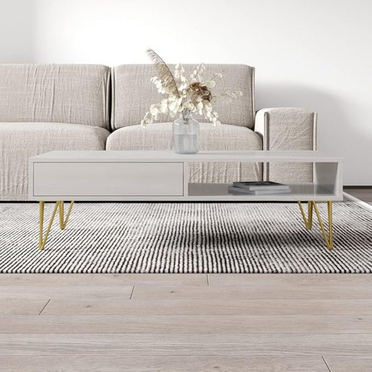 Meble Furniture Repo 51" Coffee Table with Lower Shelf & Drawer - Modern Rectangular Dining Table for Living Room - Durable & Lightweight Wooden Coffee Table with High Gloss Front Finish - White