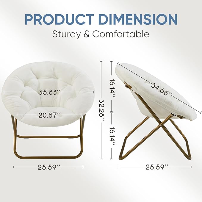 DUMOS Comfy Saucer Chairs Cozy Faux Fur Soft Lounge Cute Folding Bedroom Living Room Seat Flexible Reading Foldable Seating for Kids Adults Thick Padded Metal Frame Modern for Home Office White