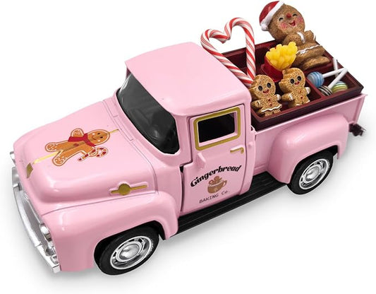 Pink Gingerbread Christmas Decor Vintage Farmhouse Metal Truck with Mini Fake Candy Cookie Box Ginger Bread Man Pastel Gingerbread Christmas Tabletop Decorations for Xmas Tray Holiday Mantel Kitchen