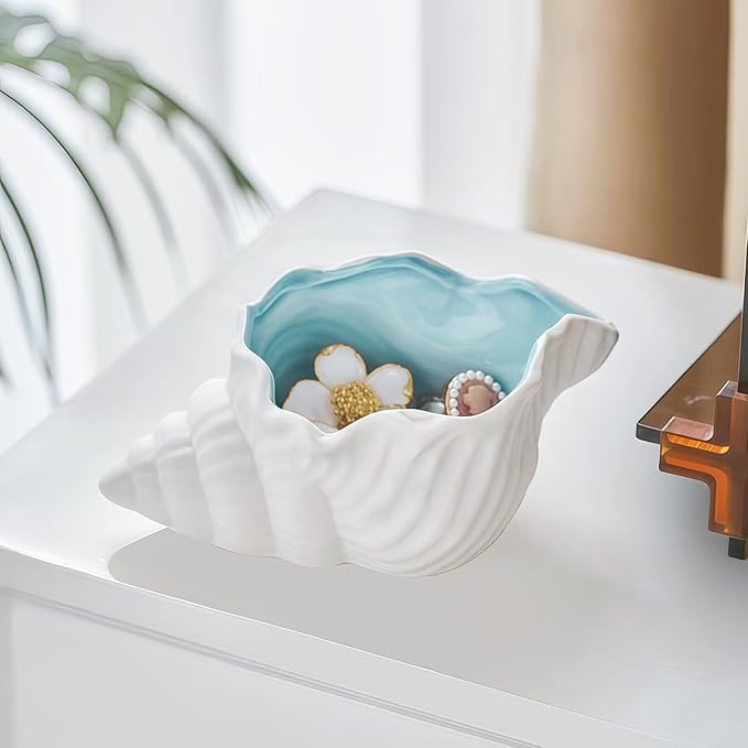 Conch Shape Jewelry Dish Ceramic Holder Ring Trinket Tray, Ocean-themed Decorative Trinket Dish, Suitable for Mother Friend Sister, Gifts for Women, Home Decor Trinket Dish(Sea Blue)
